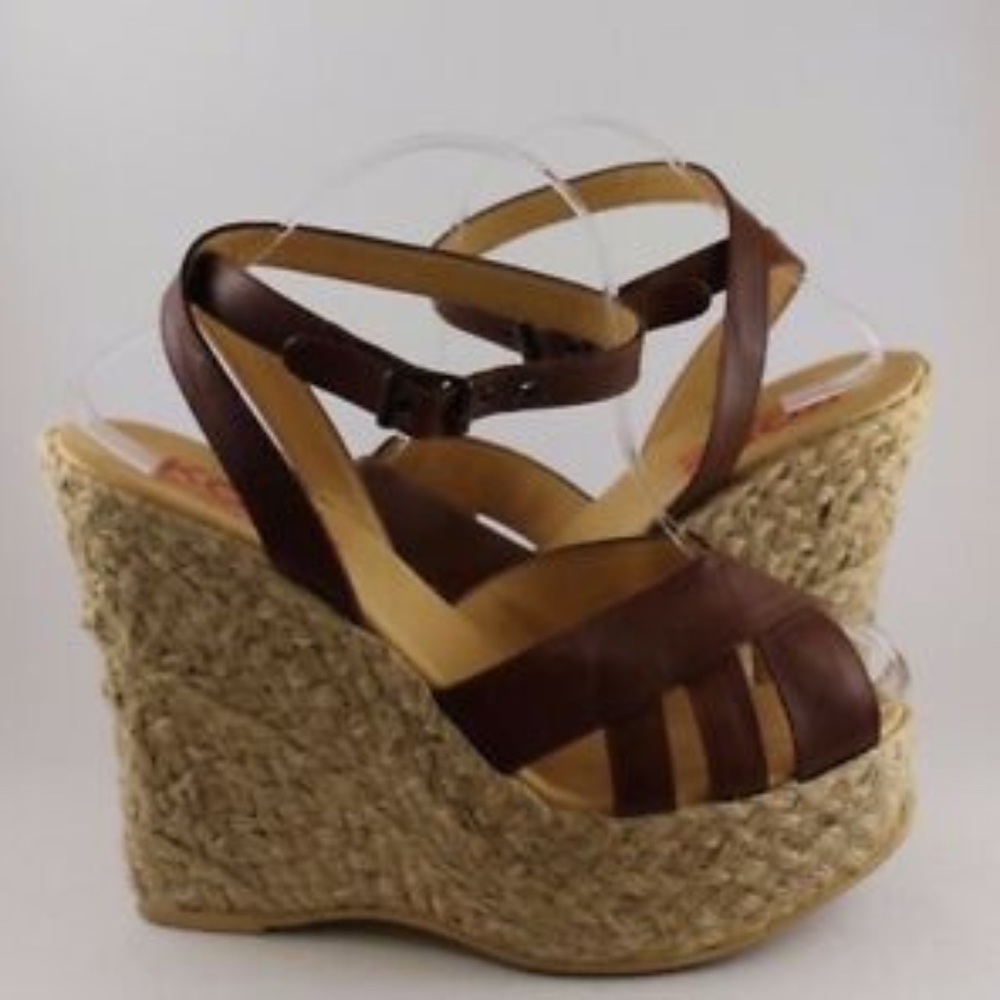 Michael Kors brown leather espadrille wedge Sz 10